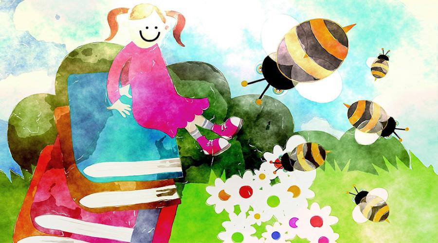 illustration flicka i gräset med böcker